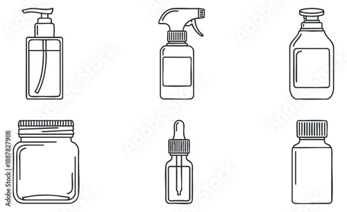 A collection of various bottle and container designs in minimalist outline vector style, suitable for packaging and branding projects