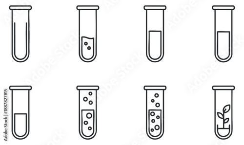A set of laboratory test tubes with various liquids and one featuring a sprouting plant in minimalist outline vector style, ideal for scientific and educational projects