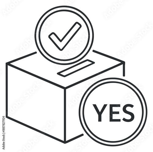 A ballot box with a checkmark and 'YES' symbol in flat outline vector style, ideal for political campaigns and voting materials