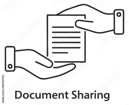 A document sharing concept featuring two hands exchanging a paper in outline vector style, ideal for business communication and collaboration