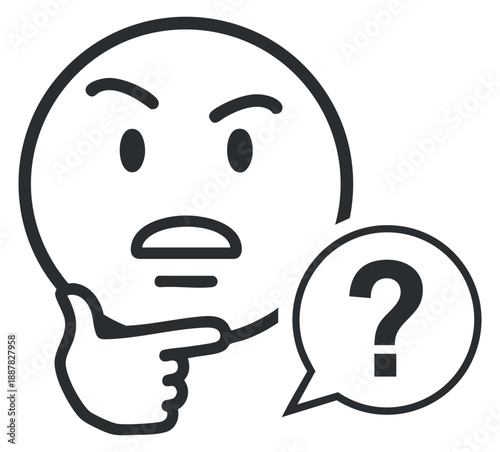 A thinking face emoji with a questioning expression in black and white minimalist vector style, suitable for communication and social media projects