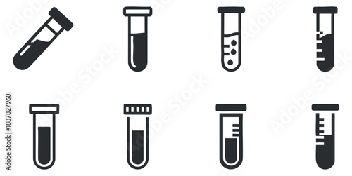 A collection of various test tubes in black and white minimalist vector style, suitable for scientific and medical illustrations