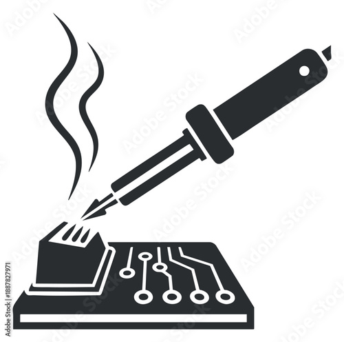 A soldering iron applying heat to a microchip on a circuit board in black and white minimalist vector style, ideal for technology and electronics design