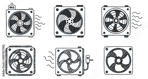 A collection of six hand-drawn electric fans in black and white outline vector style, suitable for technology and appliance illustrations