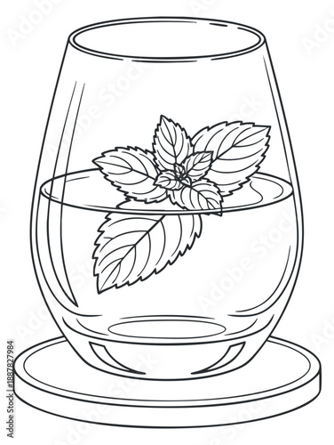 A glass of water with fresh mint leaves in outline vector style, ideal for healthy beverage designs