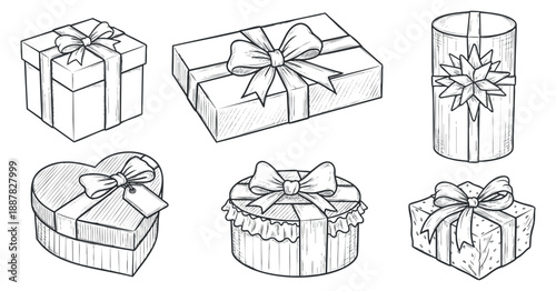 A collection of six hand-drawn gift boxes in various shapes and sizes with bows, in a black and white sketch style, ideal for holiday designs or event invitations