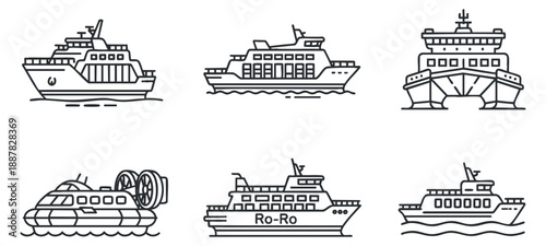 A collection of six outlined ferry and boat icons in minimalist vector style, perfect for maritime transportation projects