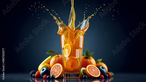 Refreshing orange juice splashes around a glass surrounded by a variety of fresh fruits like lemons, oranges, and berries. Suitable for food blogs and summer beverage promotion.