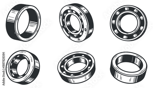 A set of six industrial bearings in black and white outline vector style, suitable for mechanical engineering and technical design projects