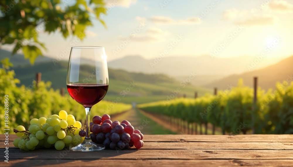 Fototapeta premium Glass of red wine and fresh grapes rest on rustic wooden table. Vineyard landscape stretches to hills under warm sunset light. Perfect for wine tasting promotion.
