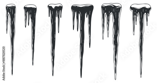 A collection of six icicles in black and white outline vector style, suitable for winter-themed designs and decorations