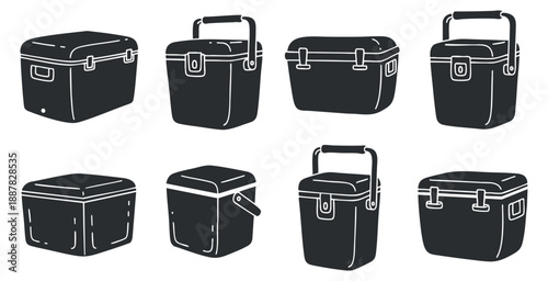 A set of various cooler designs in black and white minimalist vector style, ideal for outdoor and camping projects