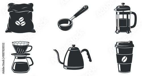 A collection of coffee-related icons including a bag of beans, brewing equipment, and cups in black and white minimalist vector style, ideal for cafe branding and design