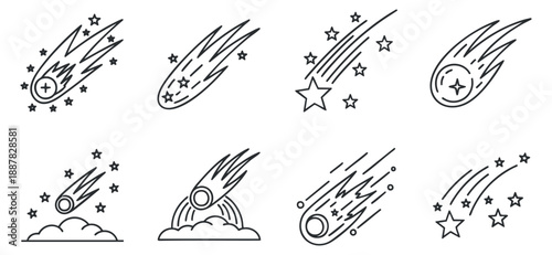 A set of comet and meteor illustrations with stars in minimalist outline vector style, suitable for space-themed designs and projects