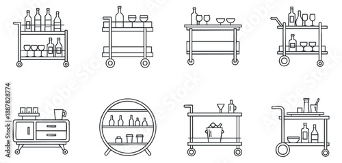 A collection of stylish bar carts and drink service trolleys in minimalist outline vector style, suitable for interior design and hospitality themes