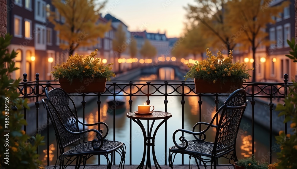 Fototapeta premium Balcony with canal view chairs table plants and coffee. City buildings and bridge at dusk with warm lights. Autumn leaves on trees over water.