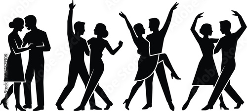 Collection of black vector silhouettes featuring couples dancing salsa, tango, and ballroom styles isolated on a white background for design.