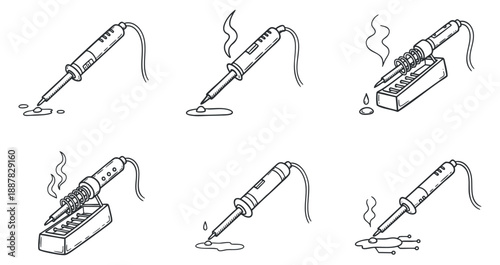 A set of soldering iron illustrations in outline vector style, perfect for electronics repair and DIY projects