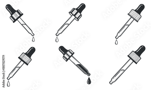 A collection of pipettes and droppers in black and white outline vector style, suitable for medical and scientific projects