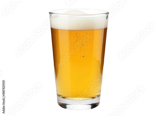 A glass filled with cold beer and ice cubes