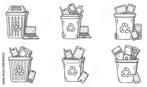 A collection of illustrated recycling bins filled with electronic waste like laptops and smartphones in hand-drawn sketch style, suitable for environmental awareness campaigns