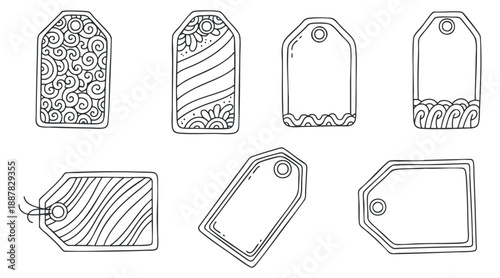 A collection of eight decorative gift tags in black and white outline vector style, perfect for crafting and branding projects
