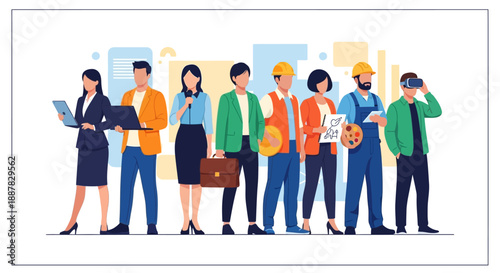 Diverse Professional Workforce Standing Together, Highlighting Modern Skills, Technology, and Collaboration