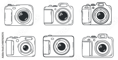 A collection of six outline vector style cameras, ideal for photography-related designs and creative projects