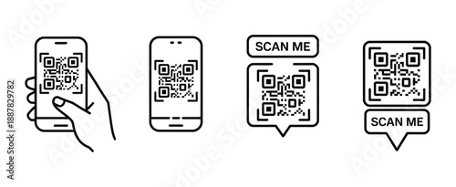 QR code scan illustration, vector icon of smartphone scanning QR code, “scan me” barcode symbol, modern digital technology and mobile payment concept