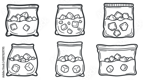 A set of ice cube bags and containers in clean outline vector style, perfect for beverage and restaurant branding