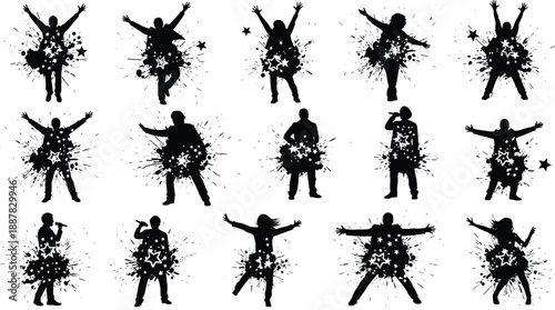Energetic party silhouettes vector set, happy singers and dancers with grunge ink splashes and stars isolated on white background art