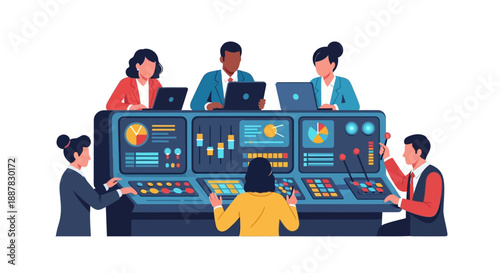 Diverse team executing mission control strategy, analyzing real-time big data visualization on a centralized operations dashboard.