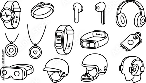 Line art icon set of wearable technology devices showing earbuds smartwatch band vr goggles helmets necklaces headphones ring keyfob