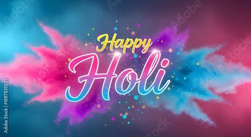 Holi colorful powder splash greeting text design for Indian festival celebration background banner poster and social media marketing with vibrant abstract paint clouds