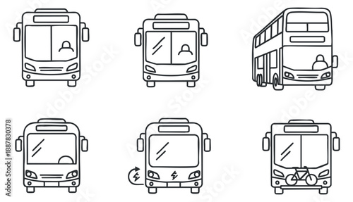 A set of bus icons featuring various designs in outline style, suitable for transportation and urban mobility projects