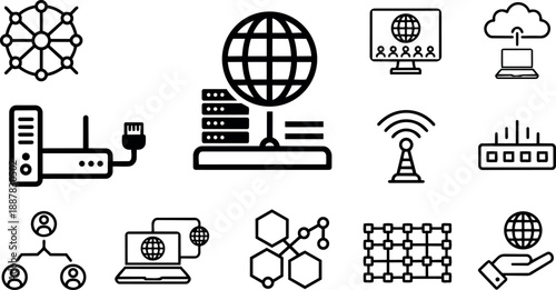 Minimalist line icon set showing network infrastructure icons close up with globe server router cloud sync and antenna clean outline vector
