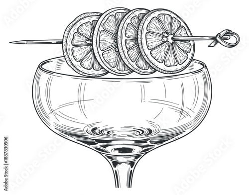 A cocktail glass with lemon slices on a skewer in a detailed black and white outline vector style, suitable for bar menus and drink illustrations
