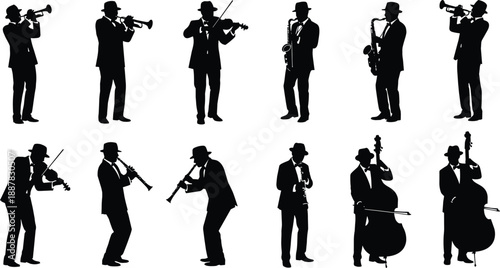 Jazz musician silhouettes vector set featuring trumpet, saxophone, violin and double bass players in suits and hats isolated on white background