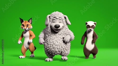 Animated cartoon animals dancing in a vibrant green studio setting, showcasing joyful movement and playful expressions in a colorful, whimsical.