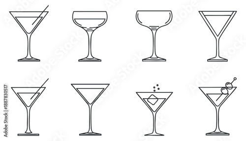 A collection of cocktail glasses in minimalist line art vector style, perfect for bar menus and beverage branding