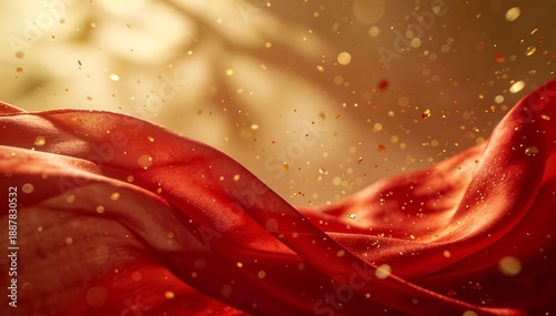 Vibrant red fabric waving with golden sparkles against a warm, blurred background, conveying a festive and joyful mood with chinese new year elements.