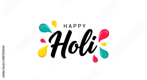 Holi colorful greeting typography with paint drops for festival celebration background banner poster and social media design for Indian spring holiday marketing