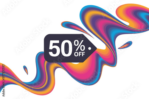 Colorful abstract fluid design with a fifty percent off sale tag