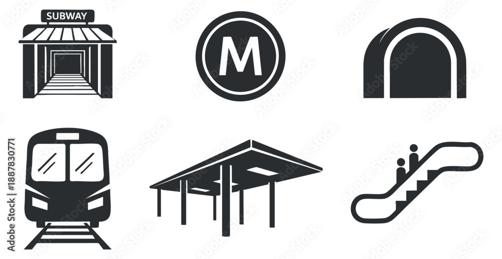 Fototapeta premium A collection of subway and train icons in flat black and white vector style, suitable for transportation design projects