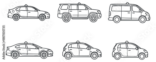 A collection of six different car outlines including a sedan, SUV, and van in minimalist black and white vector style, ideal for automotive design projects