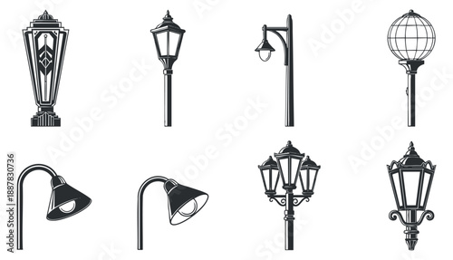A collection of various street lamp designs in black and white vector style, suitable for urban planning and outdoor decor
