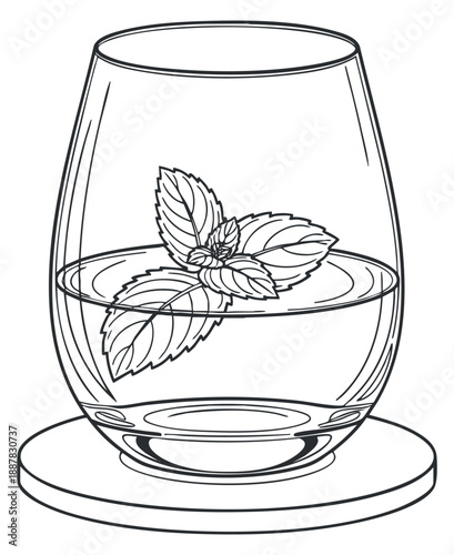 A glass of water with mint leaves in outline minimalist vector style, perfect for beverage menus and healthy lifestyle branding