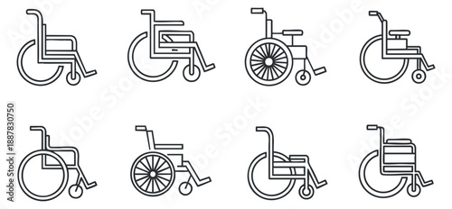 A collection of wheelchair icons in minimalist outline vector style, suitable for accessibility and healthcare projects