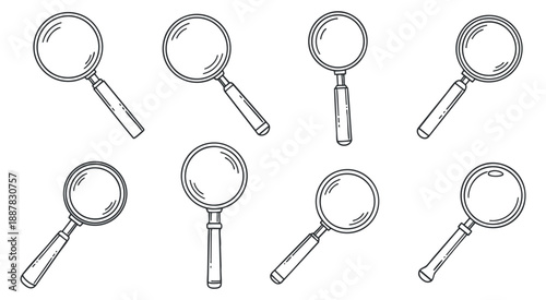 A collection of eight magnifying glasses in outline vector style, suitable for educational materials and creative projects