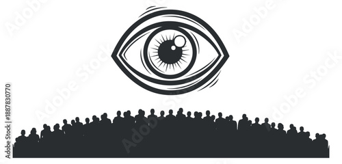 An eye watching over a crowd of people in black and white minimalist vector style, suitable for themes of observation and awareness